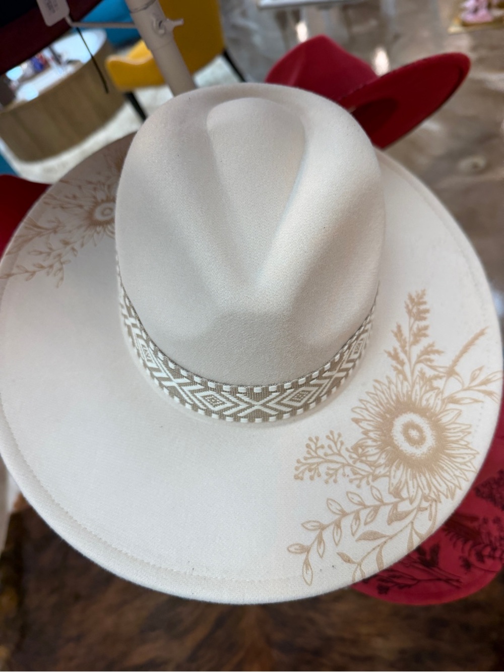 White Floral-Print Western Hat with Braided Band